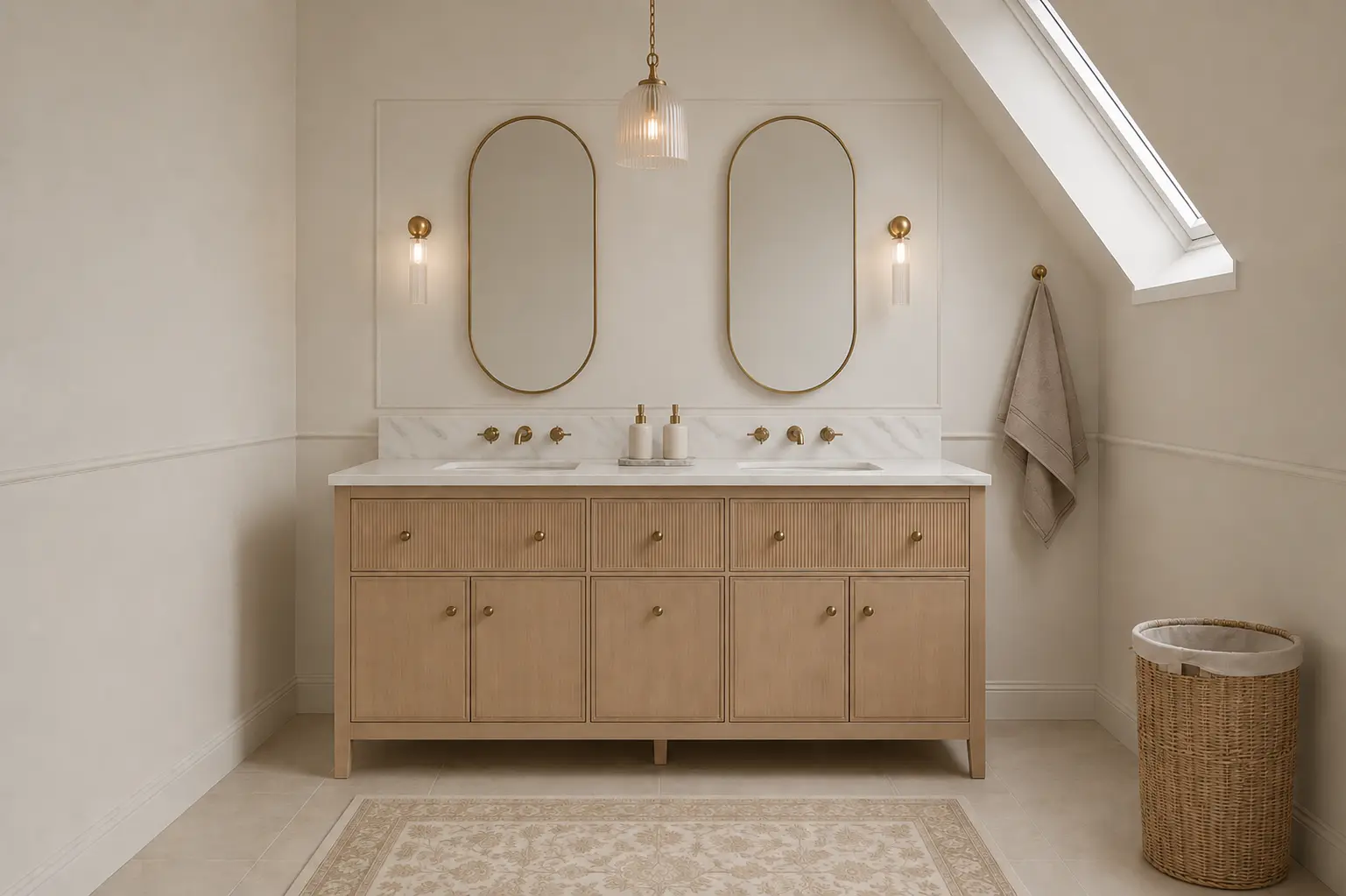 Helles Badezimmer mit Doppelwaschtisch aus geriffeltem Holz, ovalen Messingspiegeln und Marmor-Arbeitsplatte – Projekt Timeless Elegance Spa von Studio Olivia Interior
